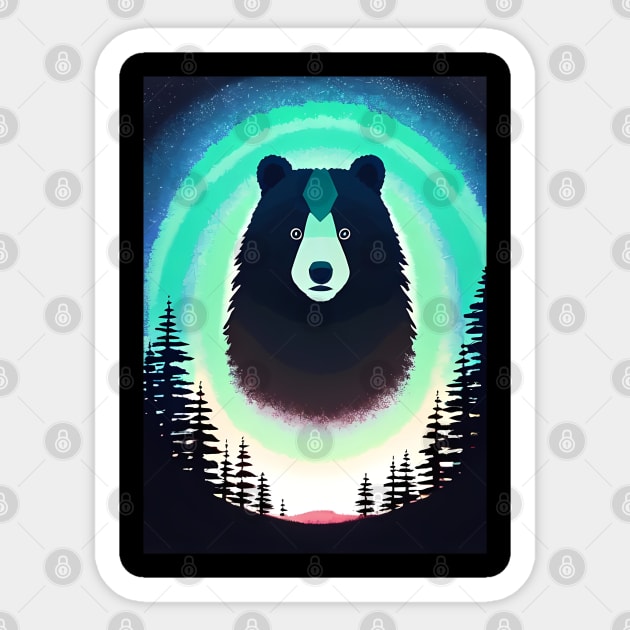 Nighttime Forest Bears - beautiful abstract painting of kawaii cute bears in a colorful night forest, outdoor nature anime cartoon style of rainbow color cyan, pink, red, blue, yellow, green. Sticker by My Pet Ate My Paintbrush